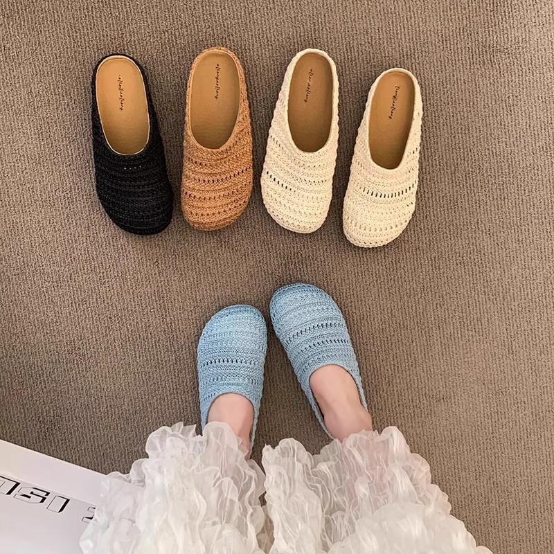 Mule Slip On - Sandal Wanita Anyaman Rafia, Sandal Selop